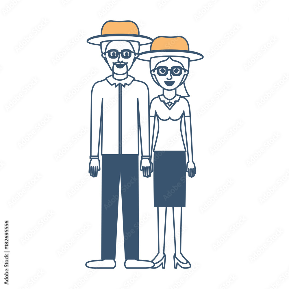 couple in color sections silhouette and both with hat and glasses and him with goatee beard and shirt and pants and shoes and her with blouse and skirt and heel shoes with ponytail hairstyle vector couple in color sections silhouette and both with hat and glasses and him with goatee beard and shirt and pants and shoes and her with blouse and skirt and heel shoes with ponytail hairstyle vector
