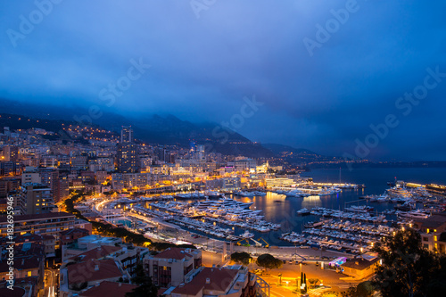 Cityscape of La Condamine at night, Monaco. Principality of Monaco, French Riviera
