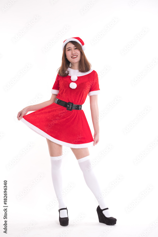 happy woman wearing santa claus dress on white background happy woman wearing santa claus dress on white background