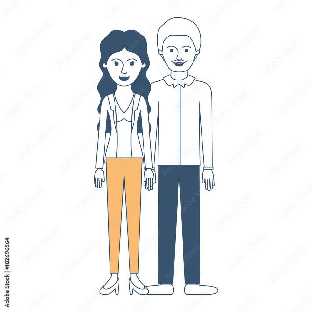 couple in color sections silhouette and her with blouse and jacket and pants and heel shoes with wavy long hair and him with shirt and pants and shoes with short hair and moustache vector illustration couple in color sections silhouette and her with blouse and jacket and pants and heel shoes with wavy long hair and him with shirt and pants and shoes with short hair and moustache vector illustration