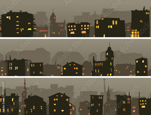 Cartoon horizontal banner of big night city.