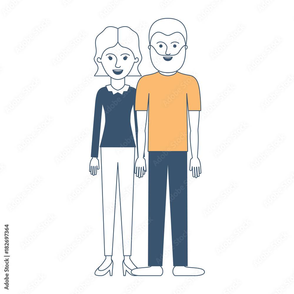 couple in color sections silhouette and her with blouse long sleeve and pants and heel shoes with short wavy hair and him with t-shirt and pants and shoes with short hair and beard vector illustration couple in color sections silhouette and her with blouse long sleeve and pants and heel shoes with short wavy hair and him with t-shirt and pants and shoes with short hair and beard vector illustration