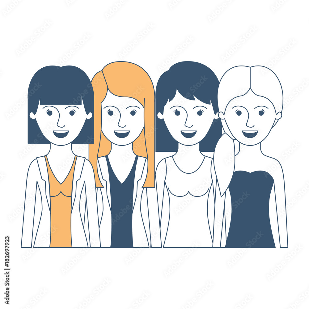 women in half body with casual clothes and long and short hair and hairstyle mushroom layered and pigtail in color sections silhouette vector illustration