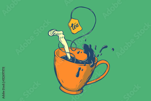 Vector tea cup illustration. Hand drawn sign. Good for leaflets, cards, posters, prints, menu.
