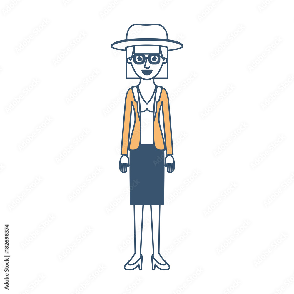 woman with hat and glasses and blouse with jacket and skirt and heel shoes with mushroom hairstyle in color sections silhouette vector illustration