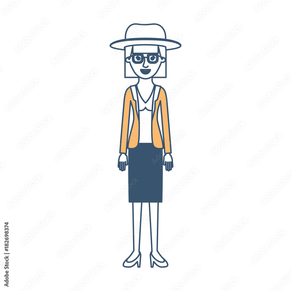 woman with hat and glasses and blouse with jacket and skirt and heel shoes with mushroom hairstyle in color sections silhouette vector illustration woman with hat and glasses and blouse with jacket and skirt and heel shoes with mushroom hairstyle in color sections silhouette vector illustration