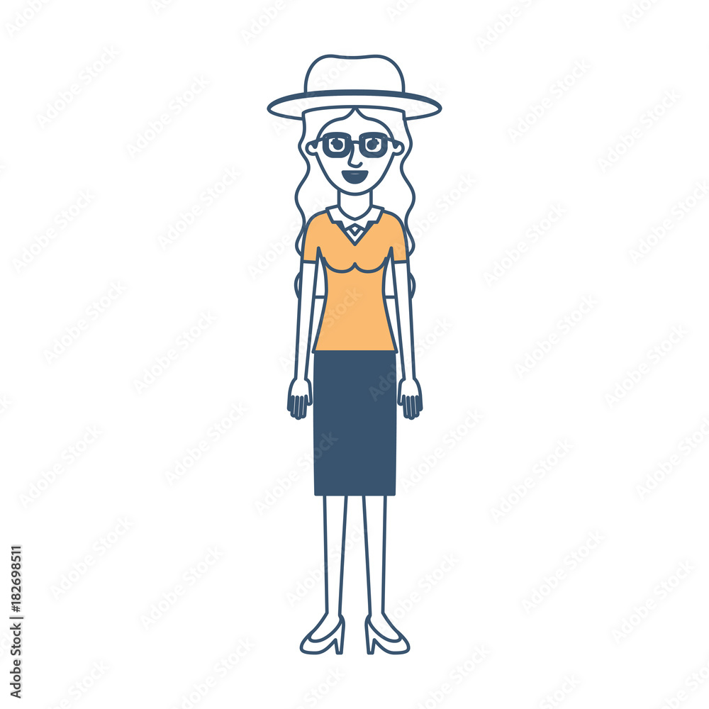 woman with hat and glasses and blouse and skirt and heel shoes with long wavy hair in color sections silhouette vector illustration woman with hat and glasses and blouse and skirt and heel shoes with long wavy hair in color sections silhouette vector illustration