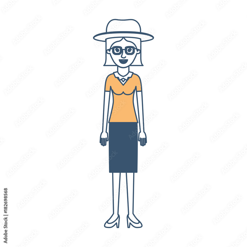 woman with hat and glasses and blouse and skirt and heel shoes with short straight hair in color sections silhouette vector illustration woman with hat and glasses and blouse and skirt and heel shoes with short straight hair in color sections silhouette vector illustration