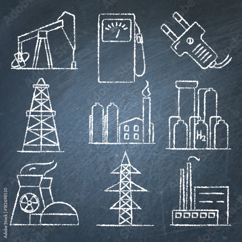 Set of energy and electricity hand drawn icons on chalkboard