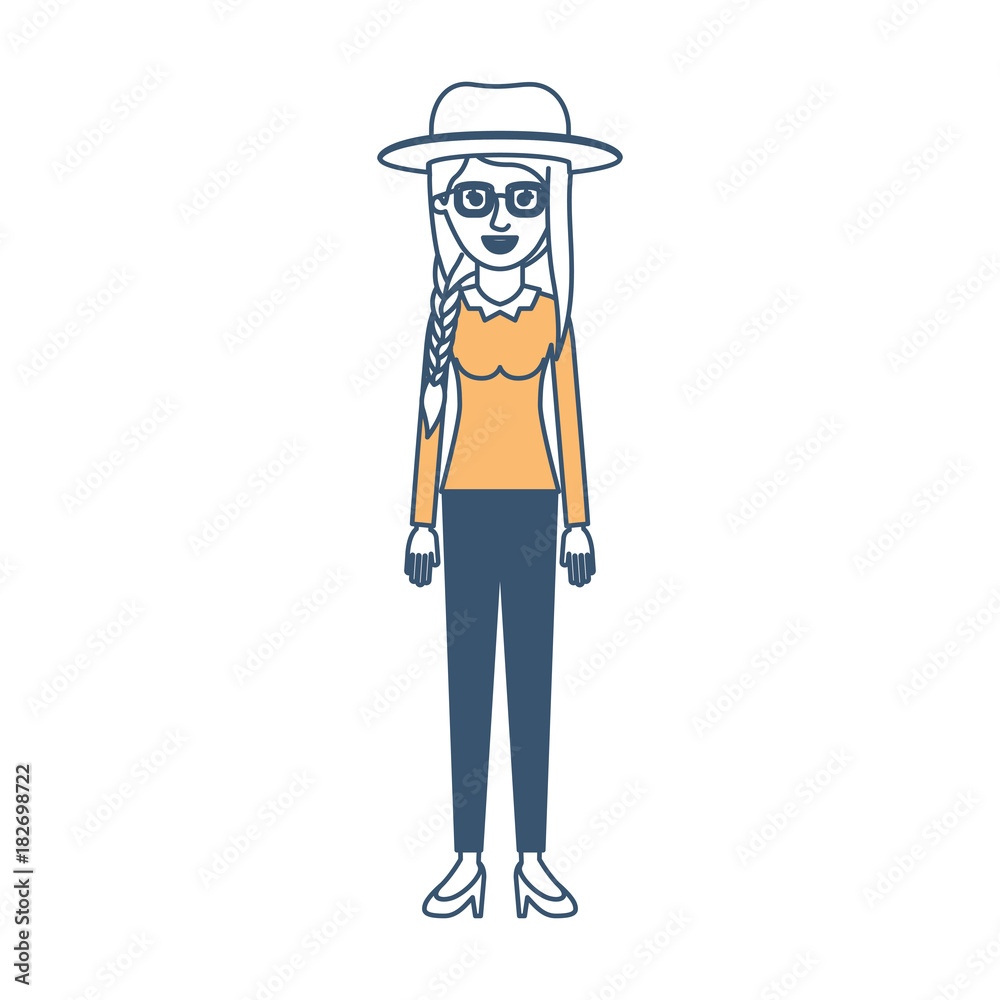 woman with hat and glasses and blouse long sleeve and pants and heel shoes with braid and fringe hairstyle in color sections silhouette vector illustration