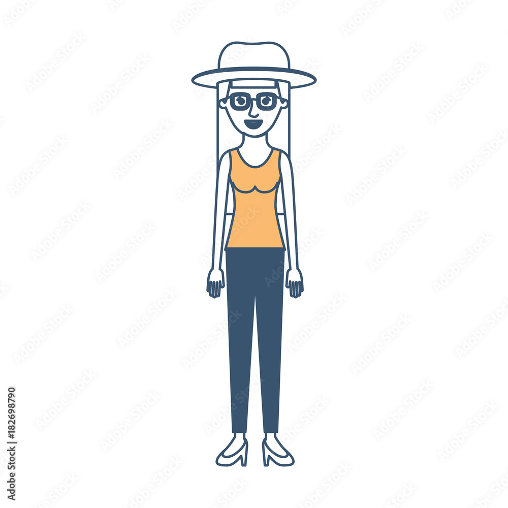 woman with hat and glasses and blouse sleeveless and pants and heel shoes with long straight hair in color sections silhouette vector illustration woman with hat and glasses and blouse sleeveless and pants and heel shoes with long straight hair in color sections silhouette vector illustration