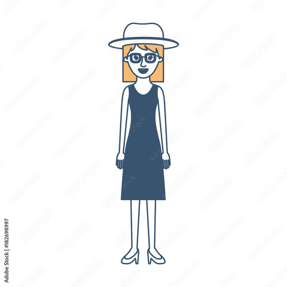 woman with hat and glasses and dress and heel shoes with mid length hair in color sections silhouette vector illustration