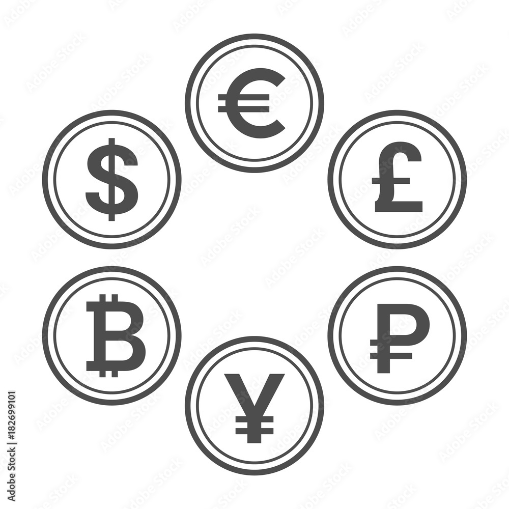 Currency flat icon set. Euro, dollar, bitcoin, yuan, ruble and pound sterling line style vector coins Currency flat icon set. Euro, dollar, bitcoin, yuan, ruble and pound sterling line style vector coins