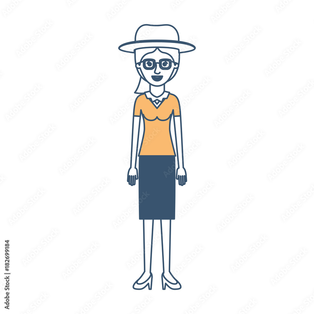 woman with hat and glasses and blouse with skirt and heel shoes with ponytail hair in color sections silhouette vector illustration woman with hat and glasses and blouse with skirt and heel shoes with ponytail hair in color sections silhouette vector illustration