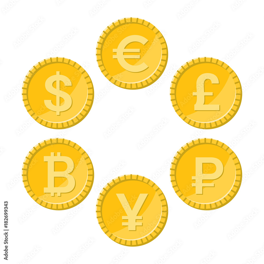 Currency flat icon set. Euro, dollar, bitcoin, yuan, ruble and pound sterling golden vector coins