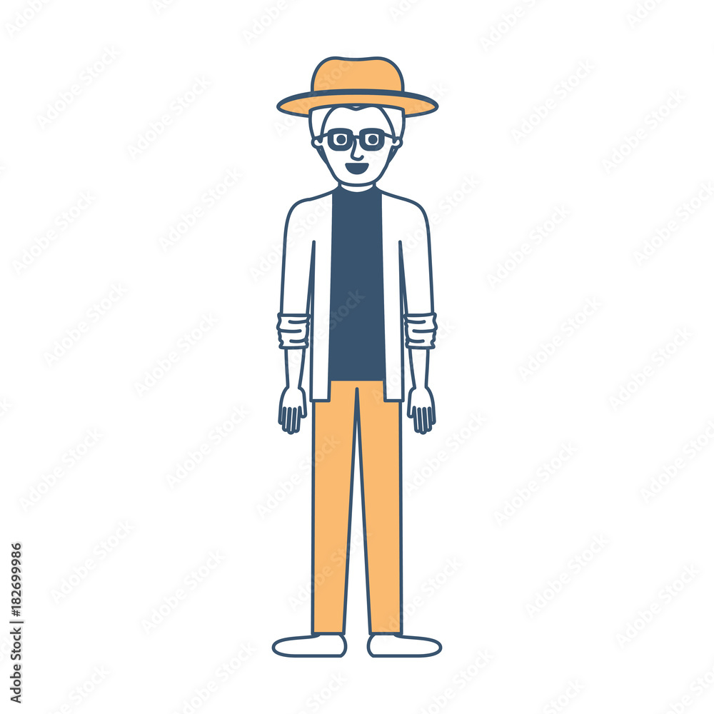 man with hat and glasses and jacket and pants and shoes with short hair in color sections silhouette vector illustration