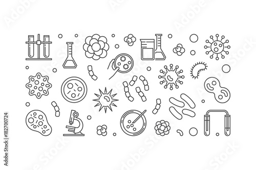 Bacterias linear horizontal banner made with bacteria icons