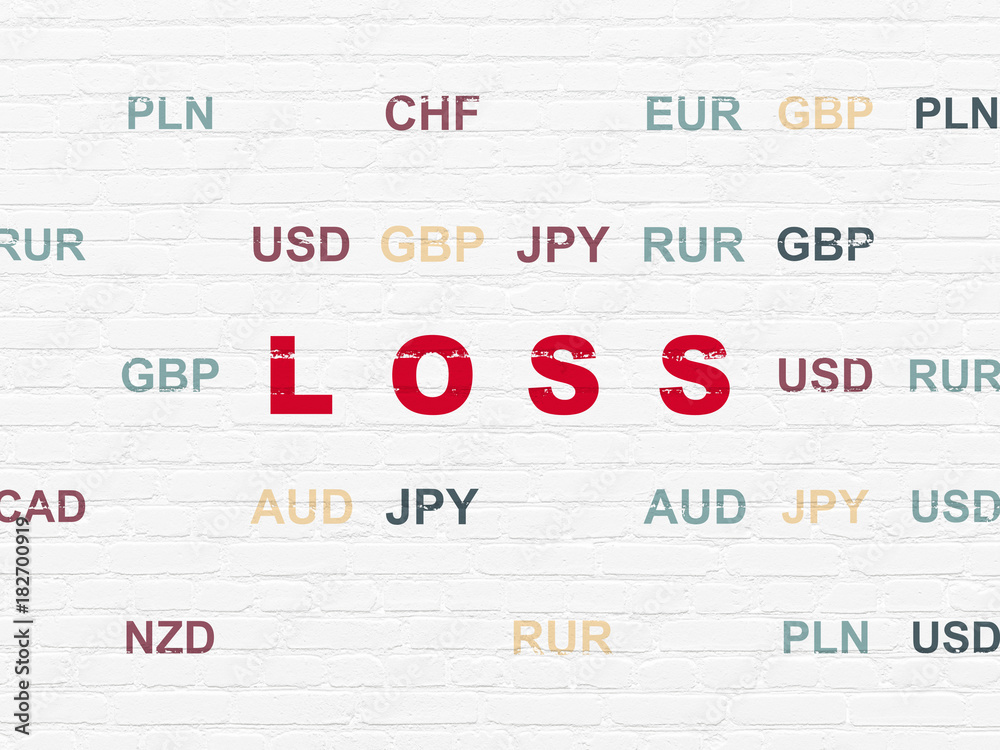 Business concept: Painted red text Loss on White Brick wall background with Currency Business concept: Painted red text Loss on White Brick wall background with Currency