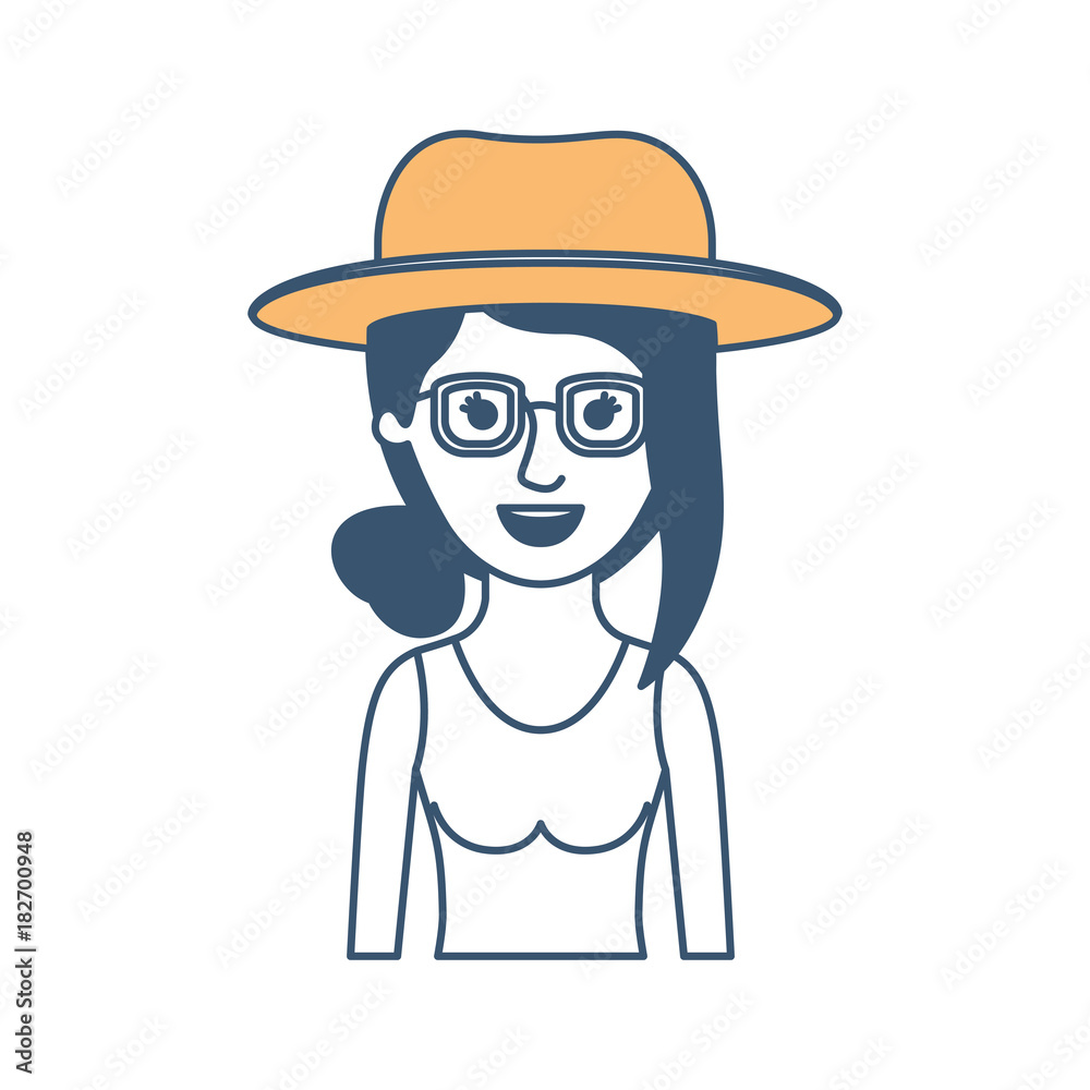 woman half body with hat and glasses and t-shirt sleeveless with collected hair and fringe in color sections silhouette vector illustration