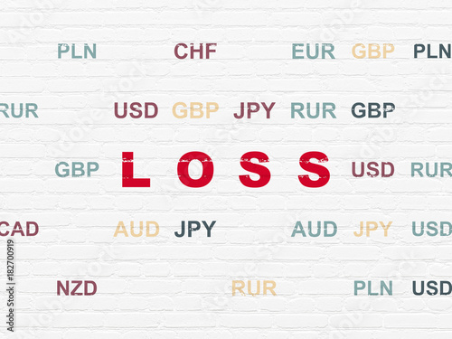 Business concept  Painted red text Loss on White Brick wall background with Currency