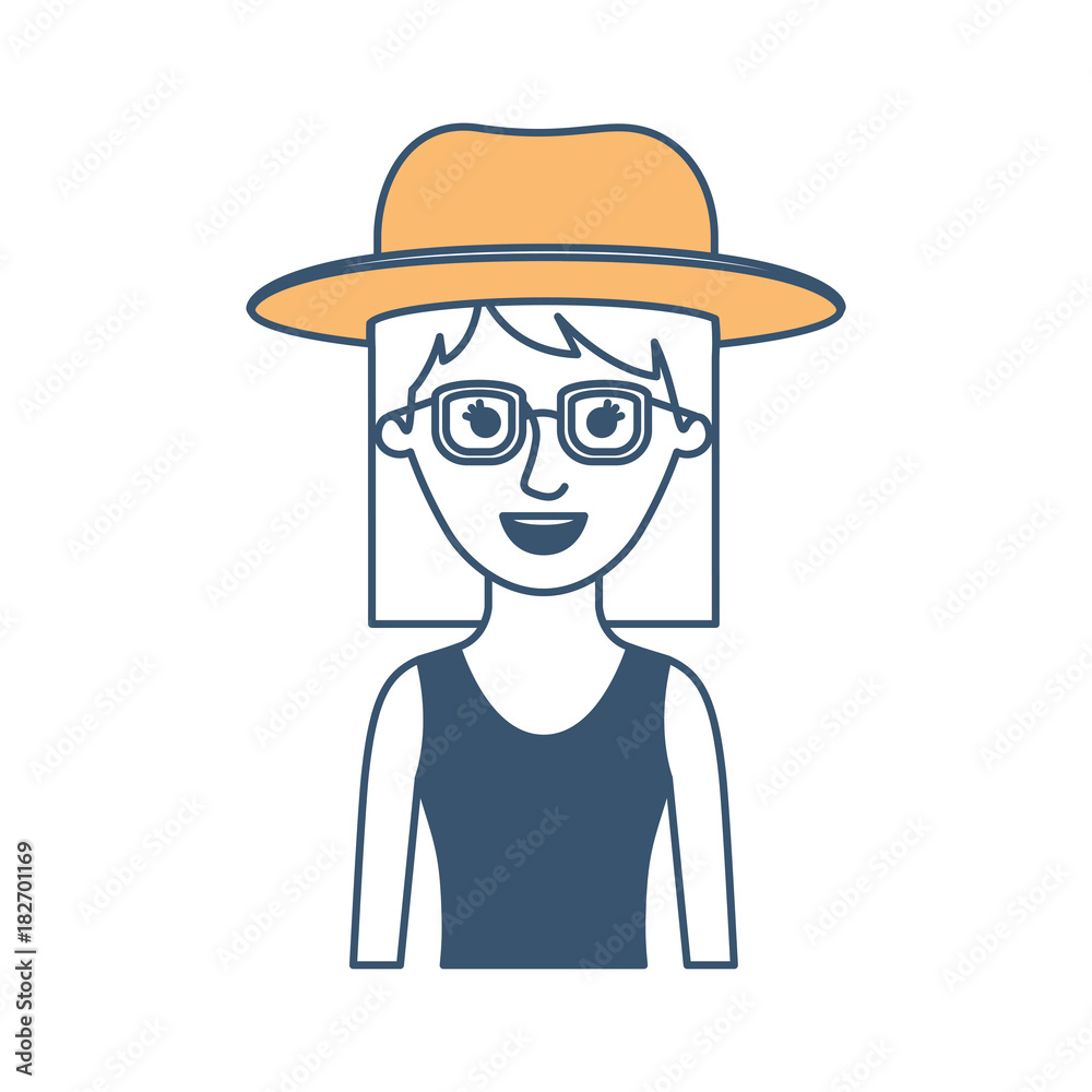woman half body with hat and glasses and dress with mid length hair in color sections silhouette vector illustration