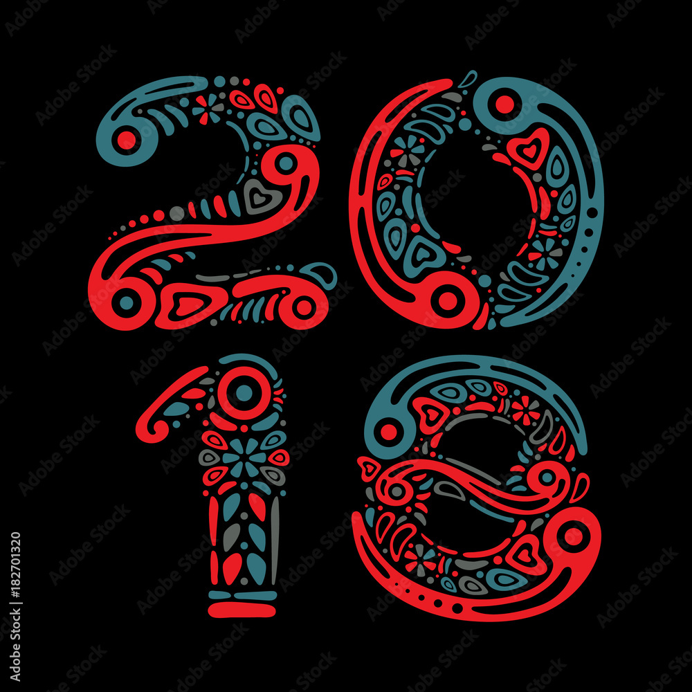 2018 Happy New Year greeting card or banner on black background and filled with decorative pattern or abstract ornament shapes. Perfect to use on advertising desing, greeting cards, banners, flyers 2018 Happy New Year greeting card or banner on black background and filled with decorative pattern or abstract ornament shapes. Perfect to use on advertising desing, greeting cards, banners, flyers