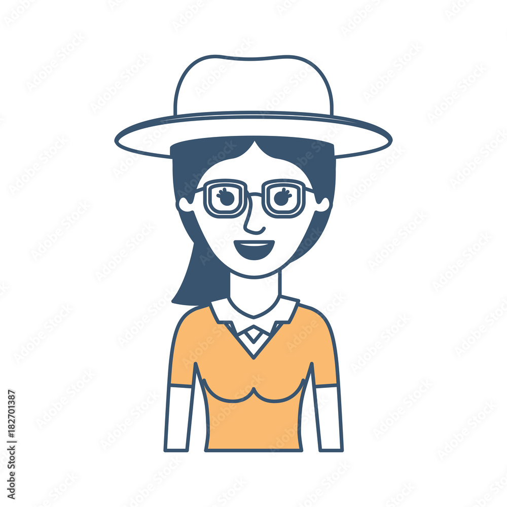 woman half body with hat and glasses with blouse and ponytail hair in color sections silhouette vector illustration woman half body with hat and glasses with blouse and ponytail hair in color sections silhouette vector illustration