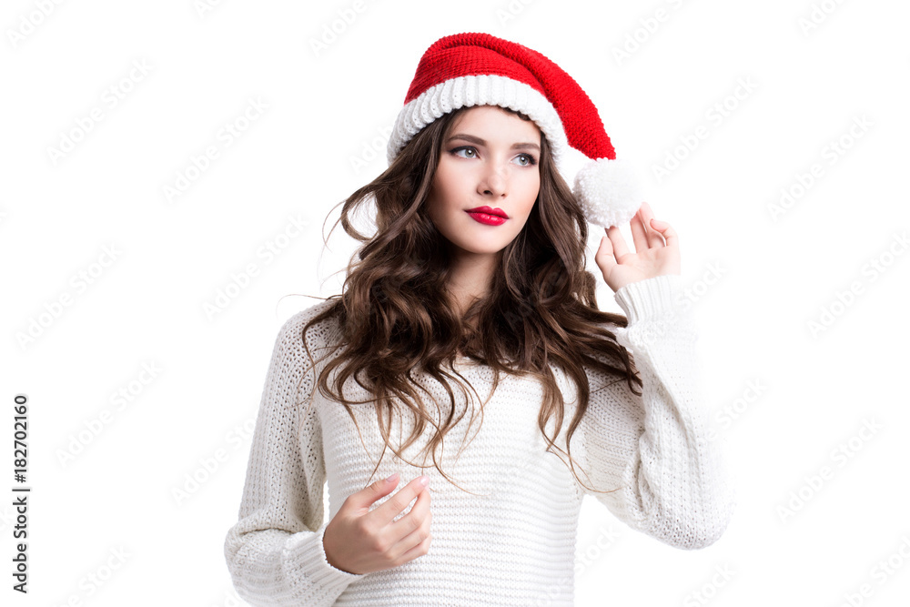 Happy Santa girl, wearing red hat. Happy Santa girl, wearing red hat.