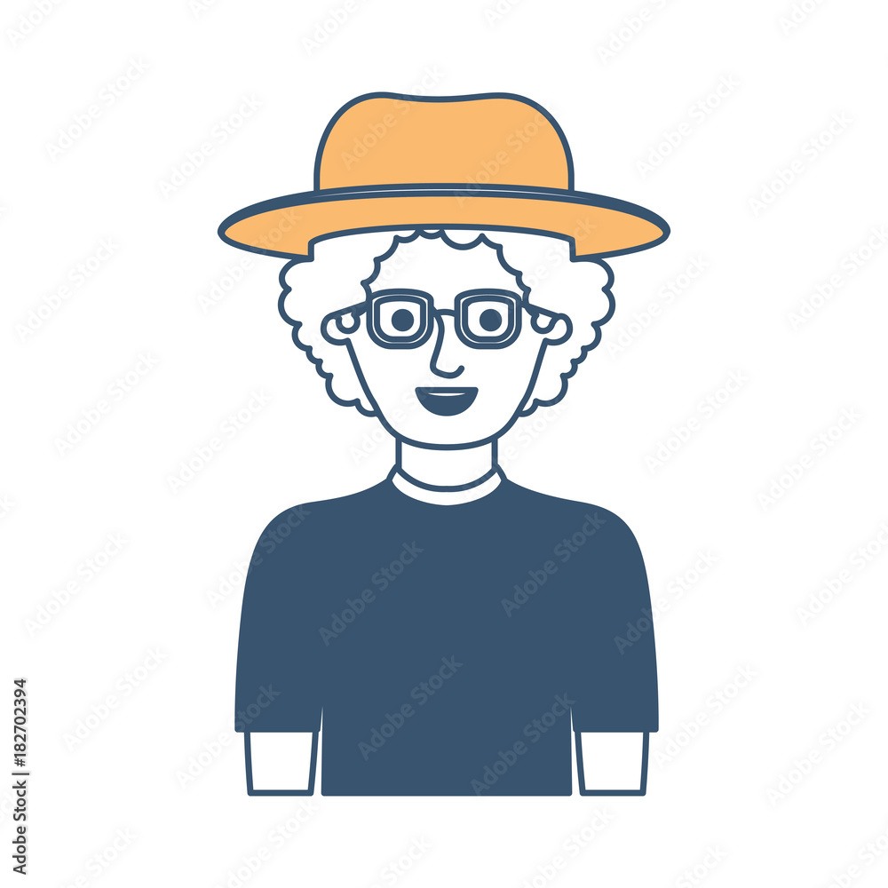 man half body with hat and glasses and t-shirt with curly hair in color sections silhouette vector illustration