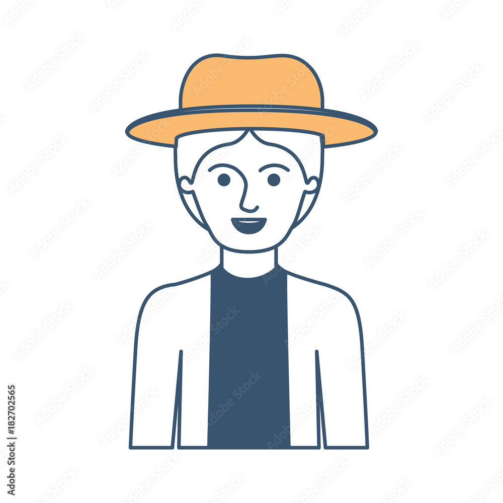 man half body with hat and jacket with short hair in color sections silhouette vector illustration