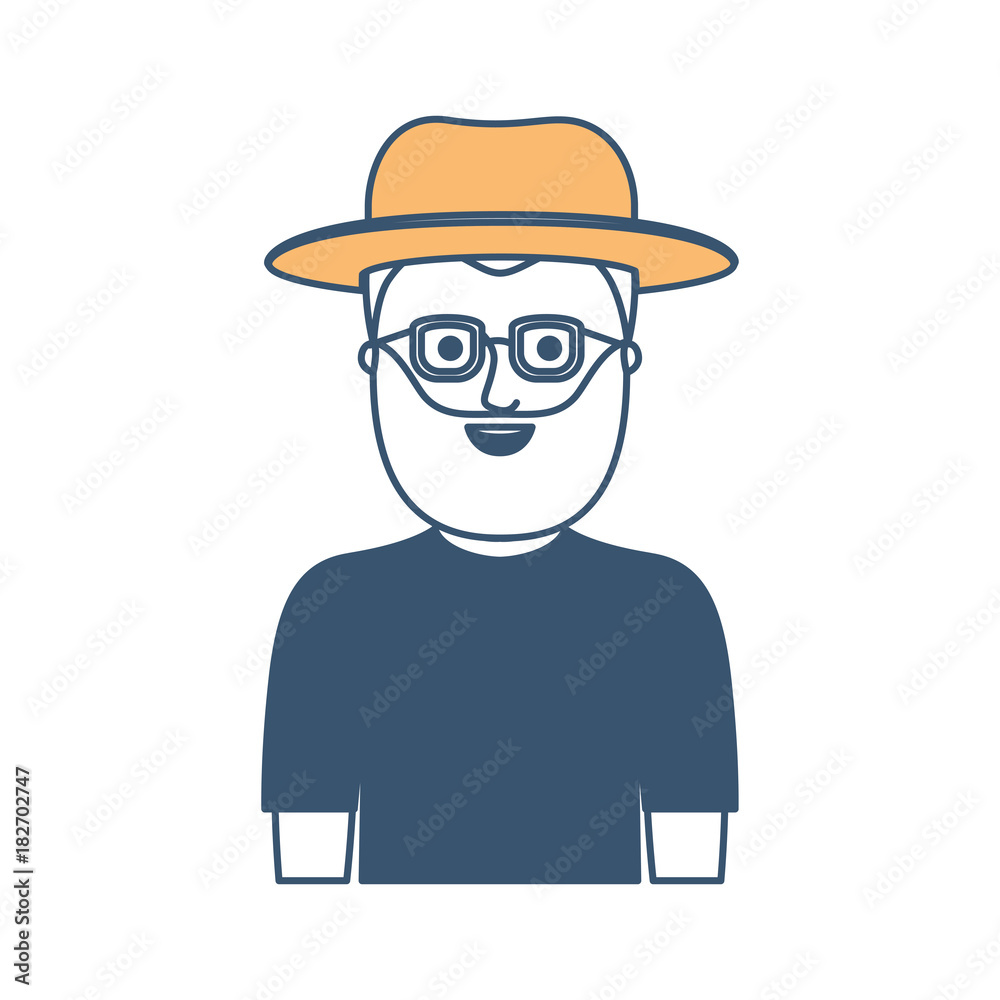man half body with hat and glasses and t-shirt with full beard in color sections silhouette vector illustration