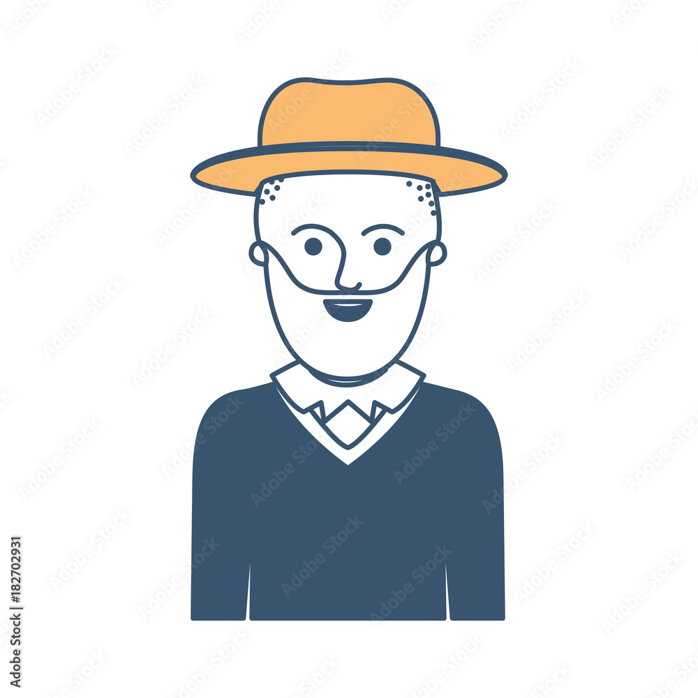 man half body with hat and sweater with short hair and beard in color sections silhouette vector illustration