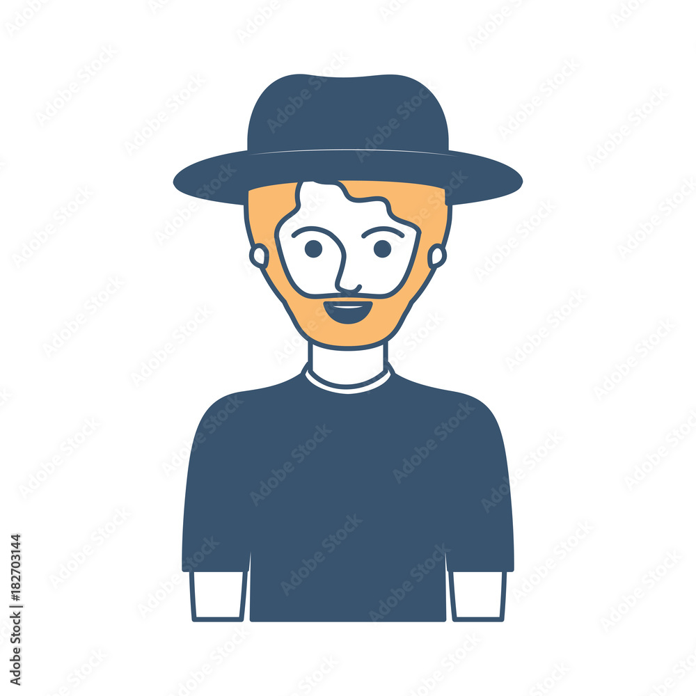 man half body with hat and t-shirt with short hair and beard in color sections silhouette vector illustration