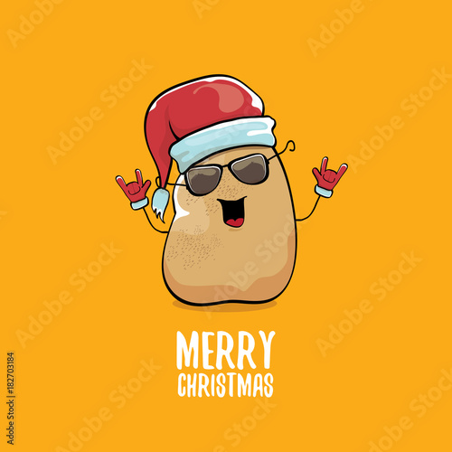 vector funky comic cartoon cute brown smiling santa claus potato with red santa hat and calligraphic merry christmas text isolated on orange background. vector funky christmas character
