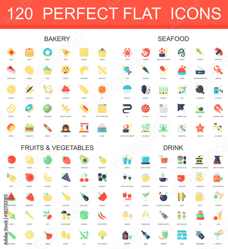 120 modern flat icon set of bakery, seafood, fruits, vegetables, drink icons.