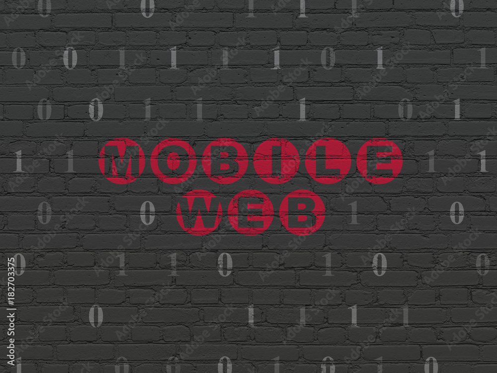 Web design concept: Painted red text Mobile Web on Black Brick wall background with Binary Code