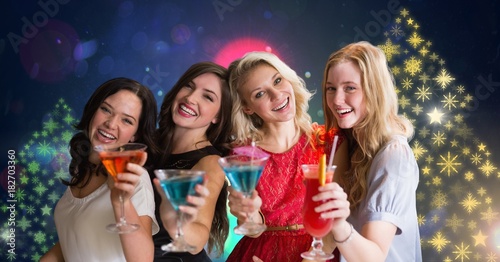 Women having party with cocktails and Snowflake New Year Party