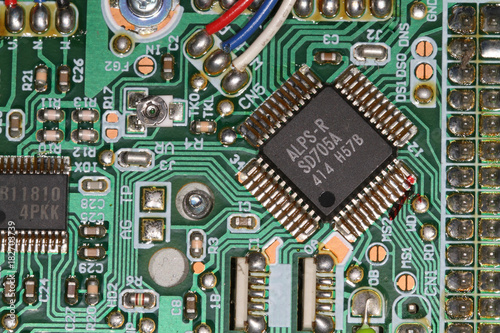 Computer chips and circuit board in detail.