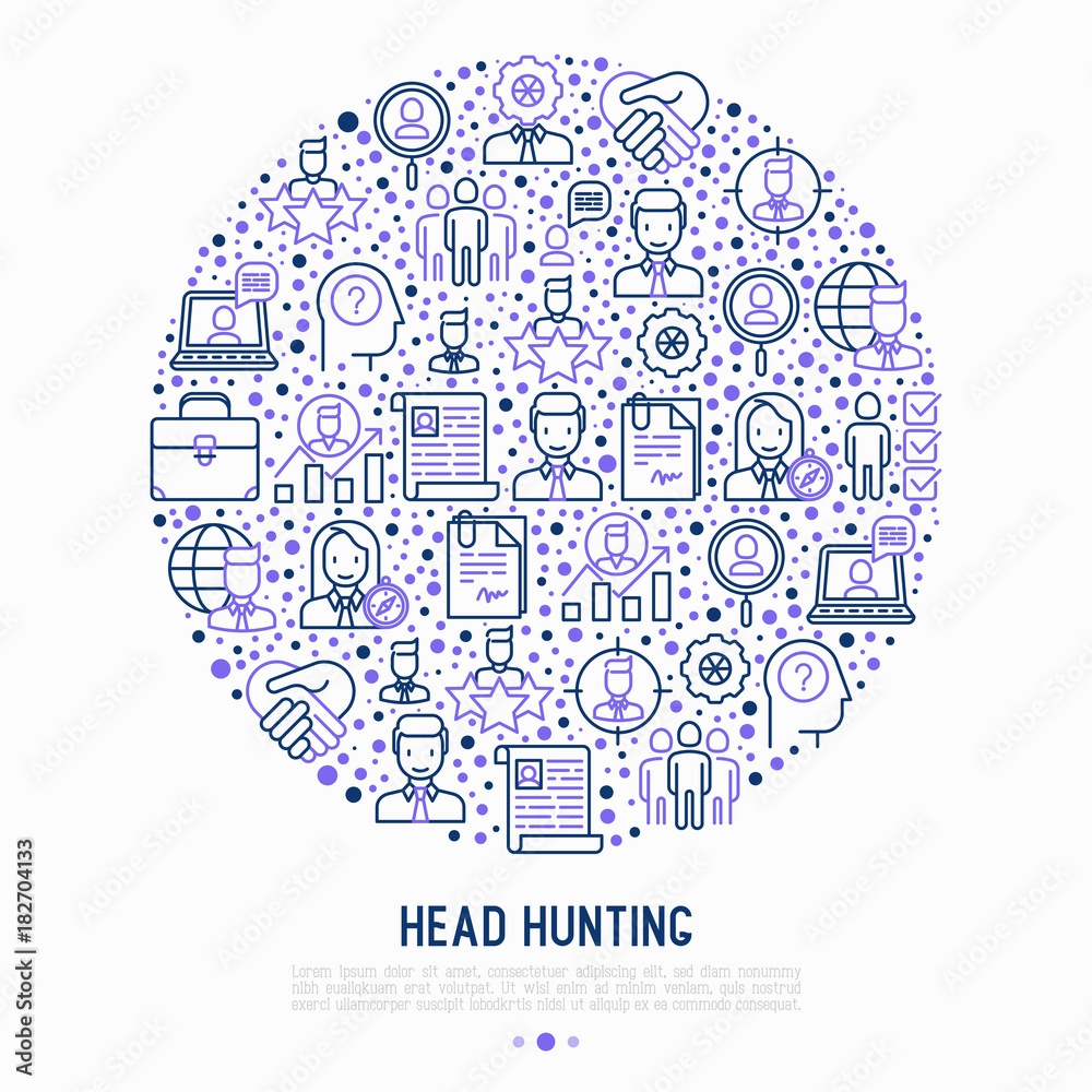 Head hunting concept in circle with thin line icons: employee, hr manager, focus, resume; briefcase; achievements; career growth, interview. Vector illustration for banner, web page, print media.