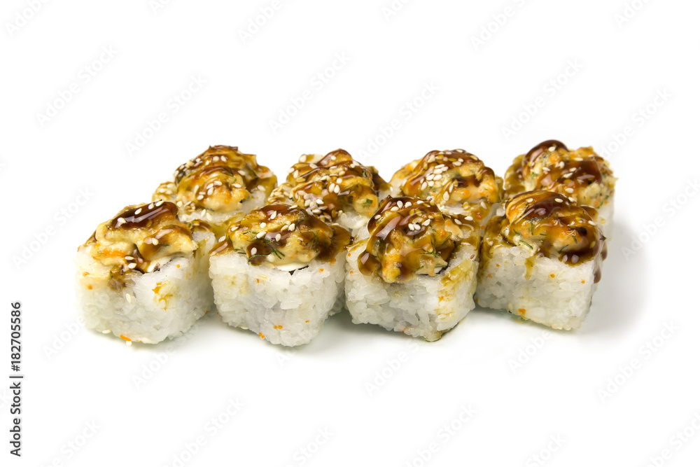 Sushi rolls on a white background. Japanese cuisine sushi rolls of different kinds on a white background isolated Sushi rolls on a white background. Japanese cuisine sushi rolls of different kinds on a white background isolated