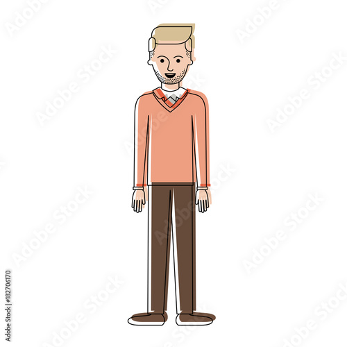 man full body with stubble beard and sweater and pants and shoes with side parted hairstyle in watercolor silhouette vector illustration