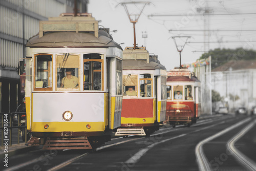 Famous Lisbon trams on the street.