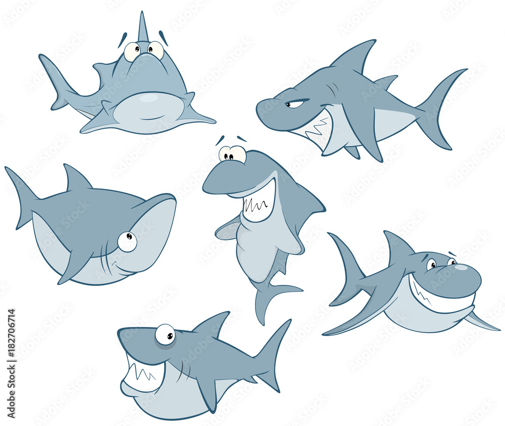 Obraz premium Set of Cute Sharks for you Design. Cartoon Character