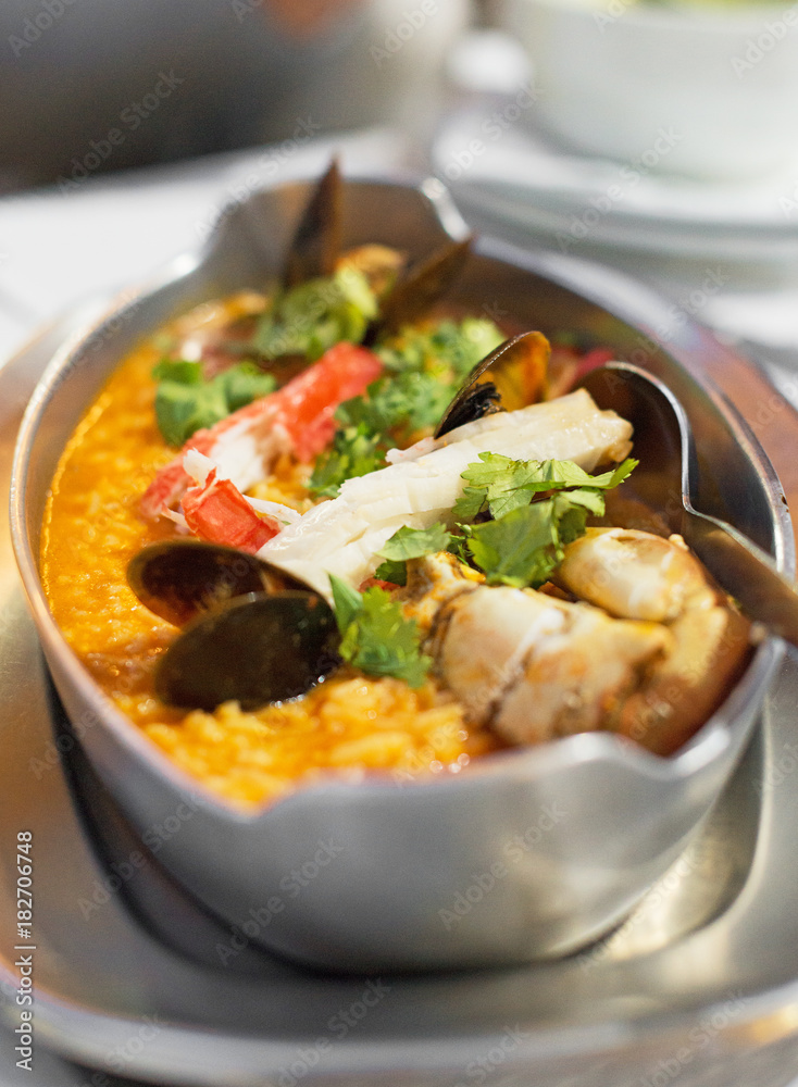 Rice paella with seafood. Arroz con mariscos. Rice paella with seafood. Arroz con mariscos.