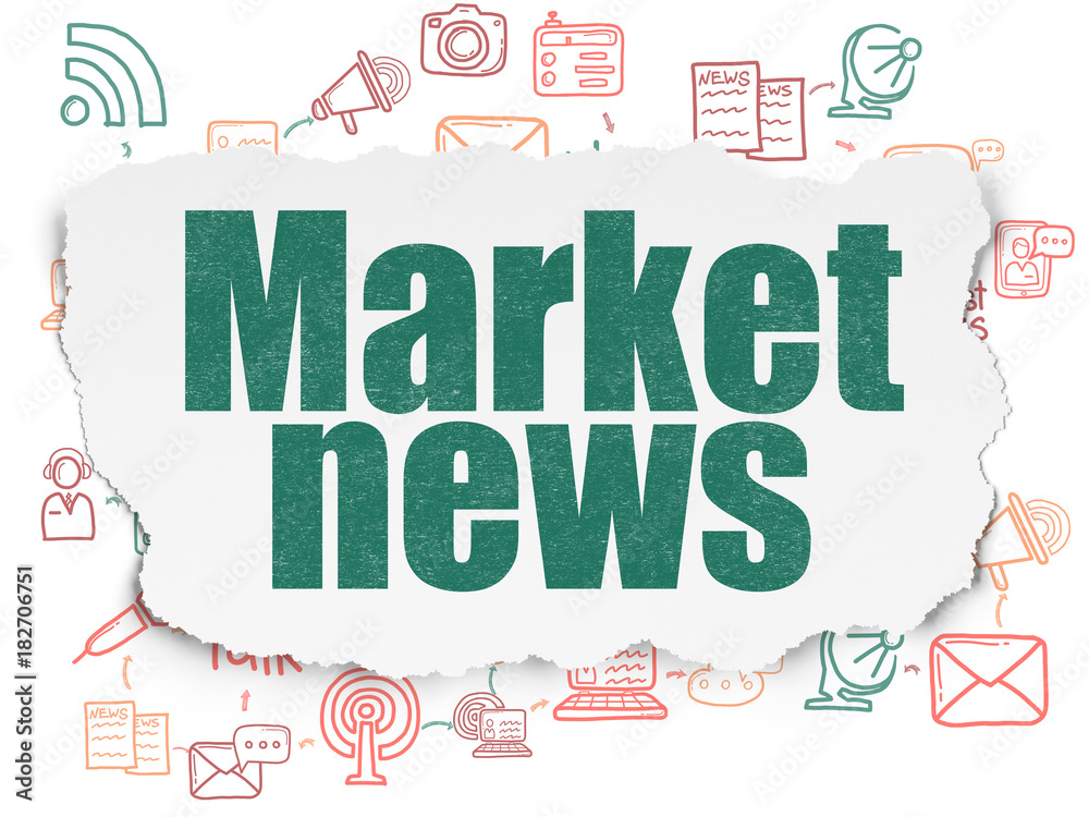 News concept: Painted green text Market News on Torn Paper background with Scheme Of Hand Drawn News Icons News concept: Painted green text Market News on Torn Paper background with Scheme Of Hand Drawn News Icons