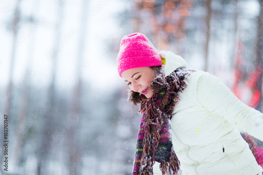 Happy winter women in park snow Christmas lights Happy winter women in park snow Christmas lights