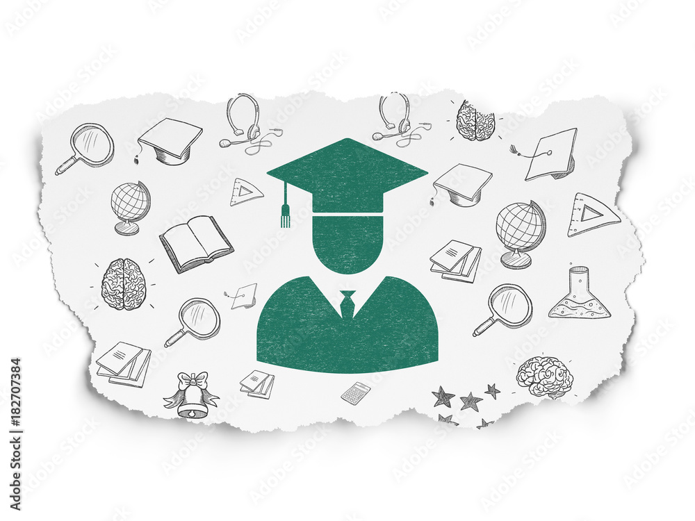 Education concept: Painted green Student icon on Torn Paper background with  Hand Drawn Education Icons