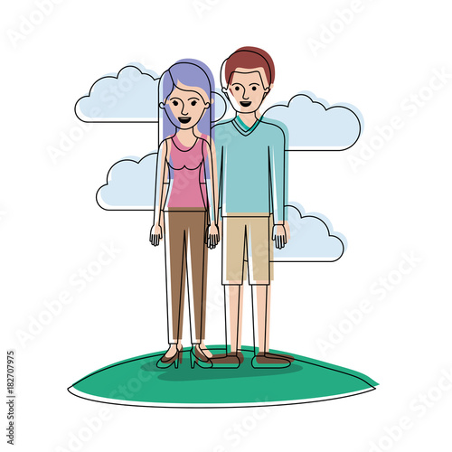 couple in watercolor silhouette scene outdoor and her with t-shirt sleeveless and pants and heel shoes with long straight hair and him with sweater and short pants and shoes with short hair vector