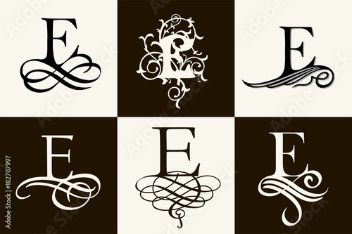 Vintage Set . Capital Letter E for Monograms and Logos. Beautiful Filigree Font. Victorian Style.