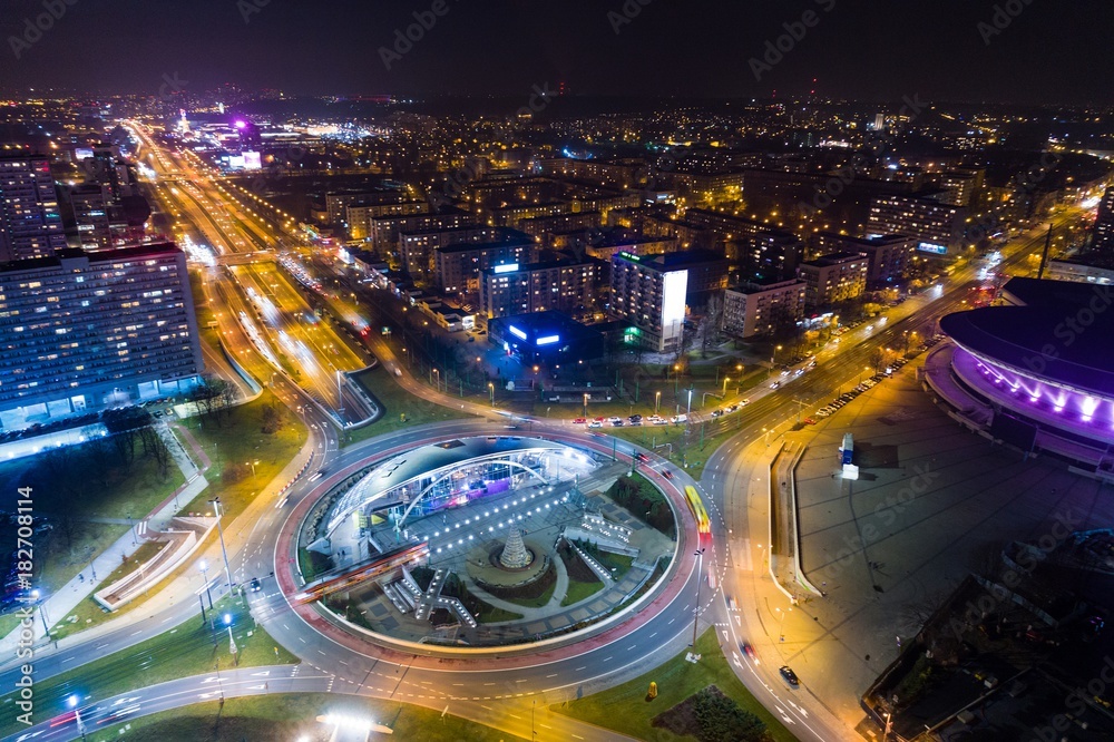 Aerial drone view of roundabout in Katowice at night.